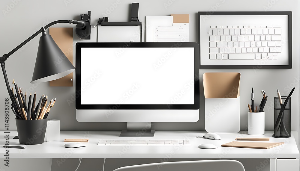 Fototapeta premium clean desk with modern office supplies no faces 