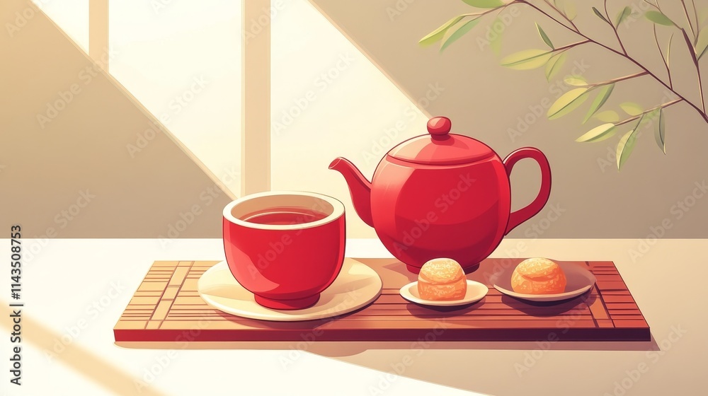 Obraz premium A vibrant teapot with a cup and snacks on a bamboo tray in warm sunlight.