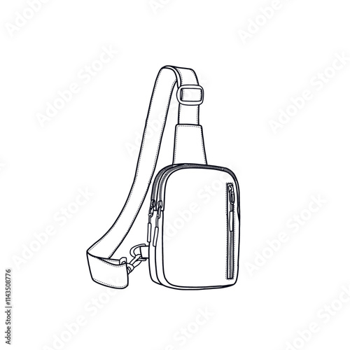 Sling bag for men and women with pockets. Crossbody bag for traveling, running, and hiking with adjustable strap vector icon line art. Isolated on a white background.