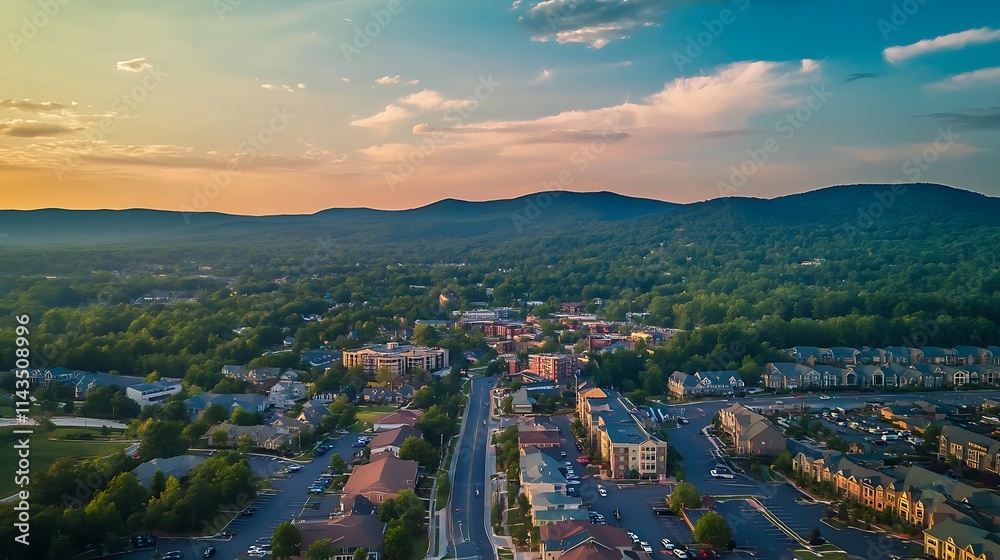 Fototapeta premium Golden Hour Aerial View of Suburban Town Nestled in Mountains. AI Generated