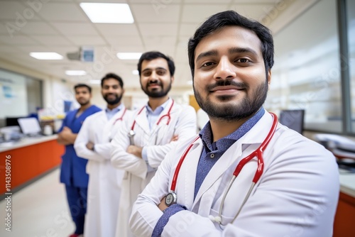 Four indian doctors standing in a row with arms crossed, smiling at camera inside a modern hospital photo