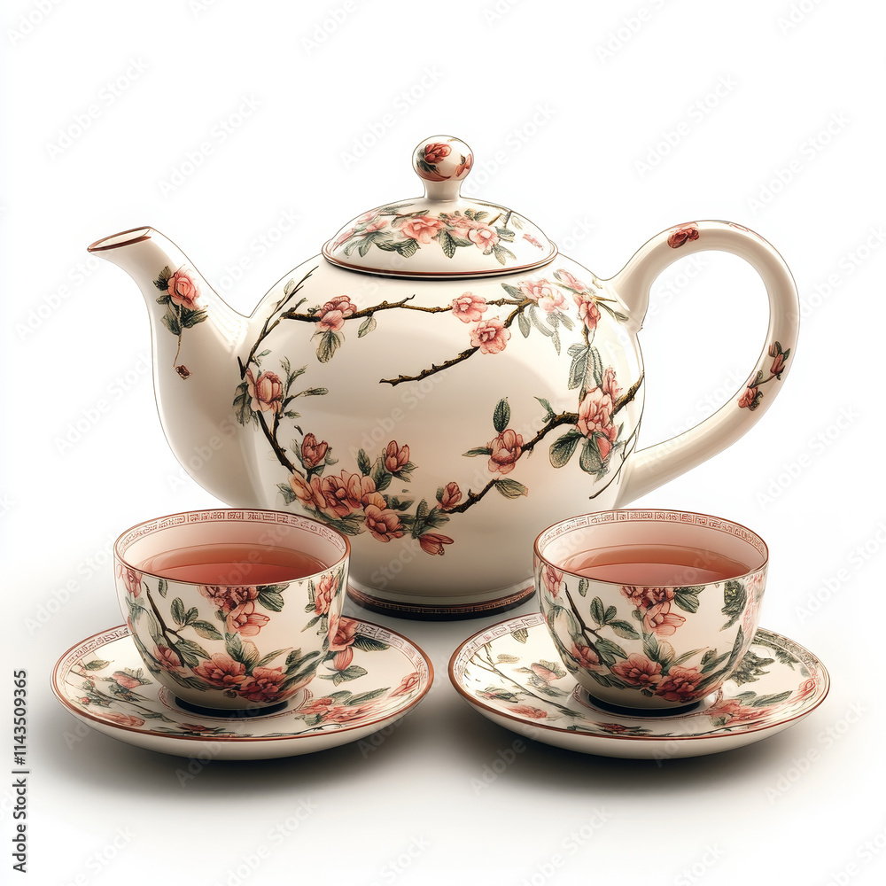 Beautiful floral teapot with matching cups and saucers, perfect for elegant tea ceremonies. Beautiful floral teapot with matching cups and saucers, perfect for elegant tea ceremonies.