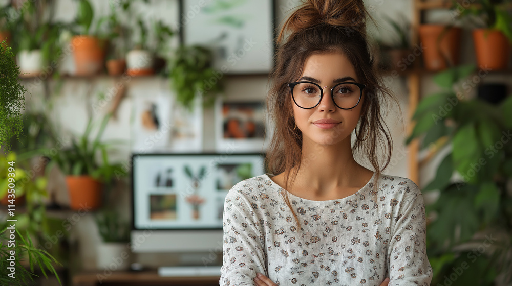 Botanical-inspired workspace, featuring a woman in a floral top, exuding a calm and collected aura. Botanical-inspired workspace, featuring a woman in a floral top, exuding a calm and collected aura.