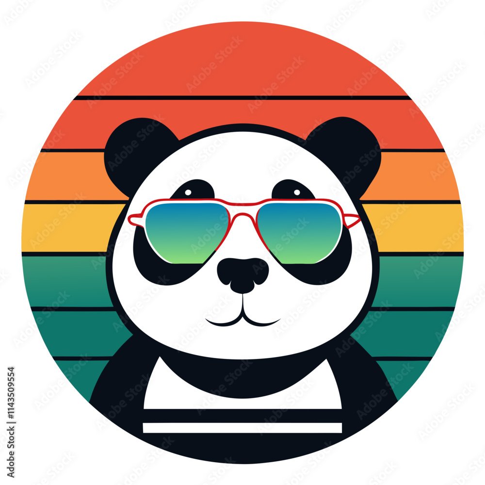 Retro Style Panda Illustration with Sunglasses in Sunset Circle Design For T-shirt Retro Style Panda Illustration with Sunglasses in Sunset Circle Design For T-shirt