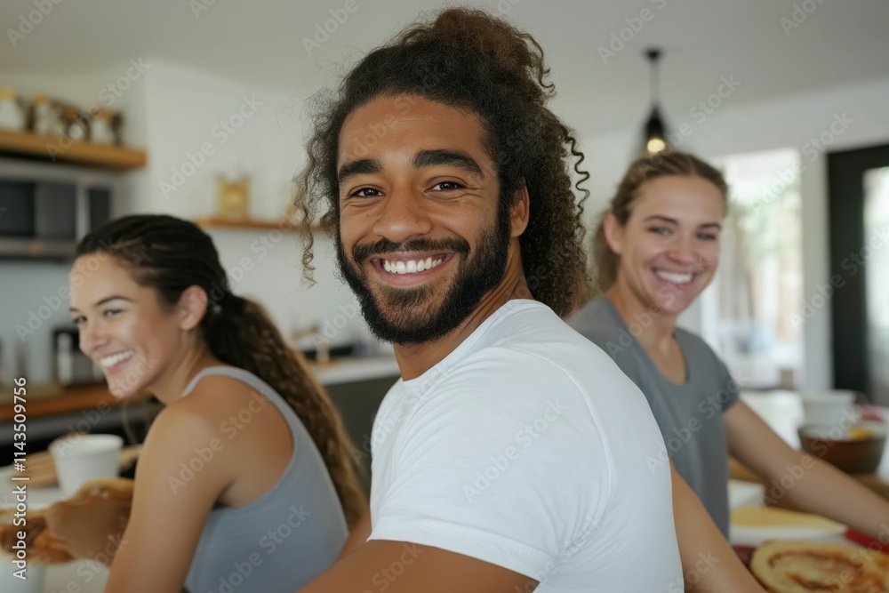 Group of cheerful young friends enjoying a healthy breakfast together in a modern kitchen Group of cheerful young friends enjoying a healthy breakfast together in a modern kitchen