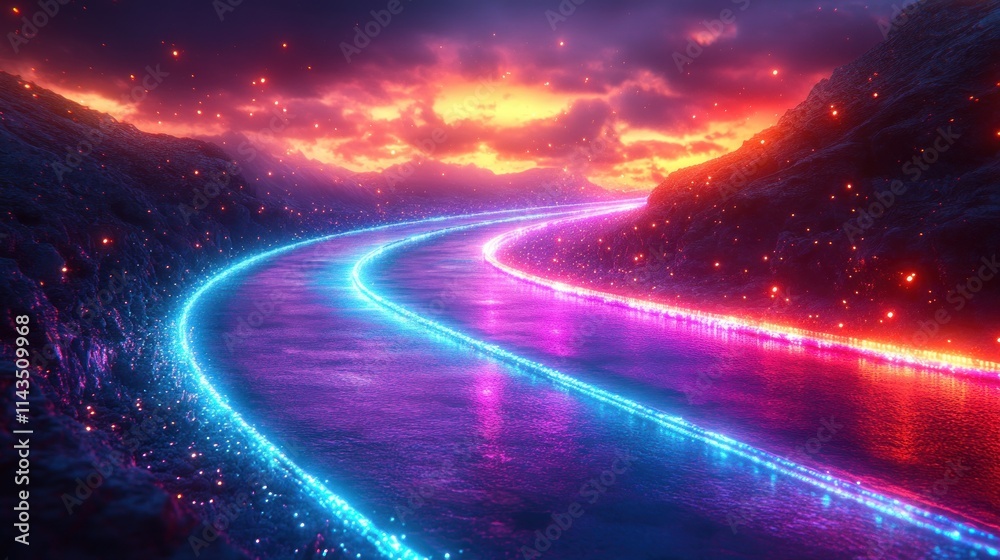 Fototapeta premium Futuristic Light Trails in Cyberpunk Landscape Data Transfer and Connectivity
