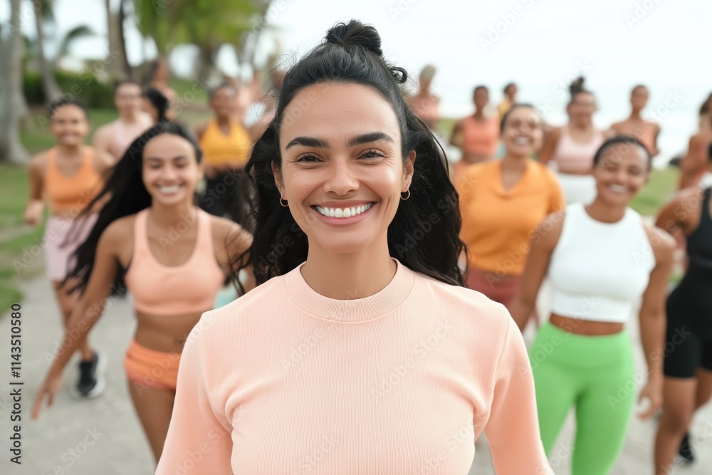 Group of multi ethnic female athletes are running outdoors, led by a smiling hispanic woman Group of multi ethnic female athletes are running outdoors, led by a smiling hispanic woman