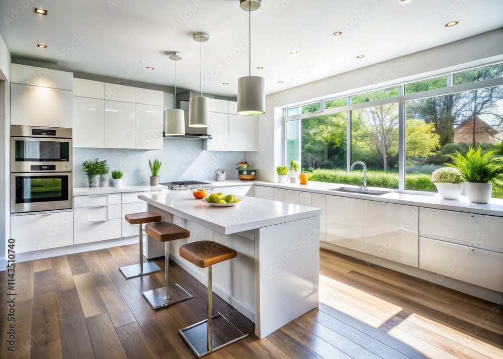 A bright, minimalist white kitchen, showcasing clean lines and modern design. A bright, minimalist white kitchen, showcasing clean lines and modern design.