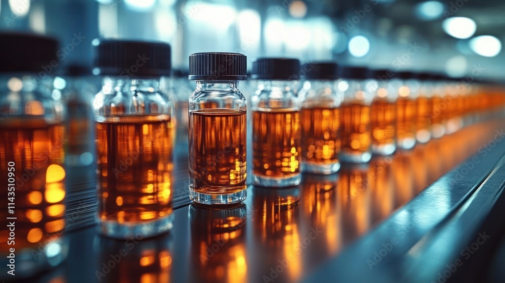 Amber Liquid Vials Close-Up Hyper-Realistic Dramatic Lighting Glass Reflections Amber Liquid Vials Close-Up Hyper-Realistic Dramatic Lighting Glass Reflections