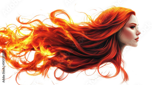 a woman with long. flowing red hair that is ablaze with fire the flames are bright and intense. and they seem to be flowing from her hair like a waterfall her expression is one of determination and st