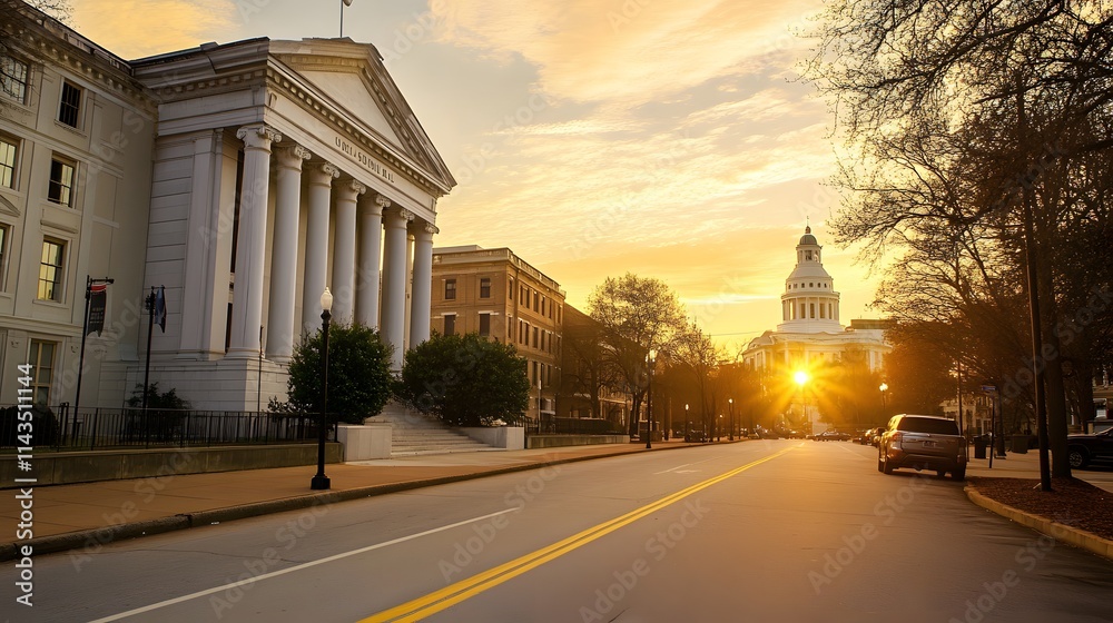 Fototapeta premium Courthouse building exterior bathed in warm sunset hues, symbolizing justice and order amidst the tranquility of evening light