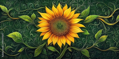 A vibrant sunflower surrounded by intricate green leaves and swirls.