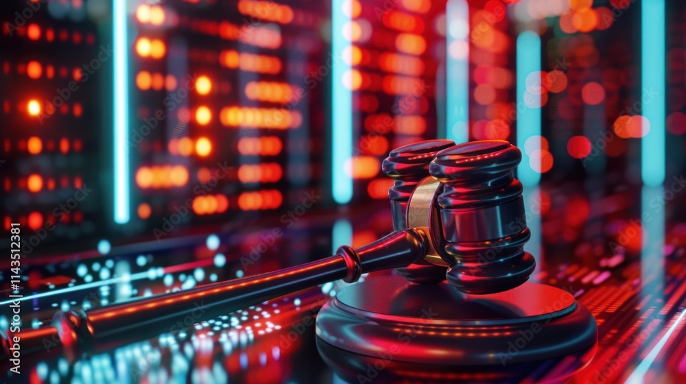 Cyberjustice: Gavel on Digital Server Background Cyberjustice: Gavel on Digital Server Background