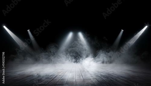ドライアイスの煙とスポットライトの光. Dry Ice Smoke and Spotlight Beams. AI generated.