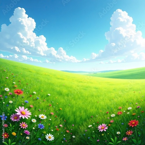 A vast field of green grasses and wildflowers stretching out to the horizon, wildflowers, white clouds, green grasses