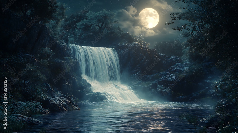 Cascading Waterfall Gleams Under Full Moon Night Digital Fantasy Art. AI Generated Cascading Waterfall Gleams Under Full Moon Night Digital Fantasy Art. AI Generated