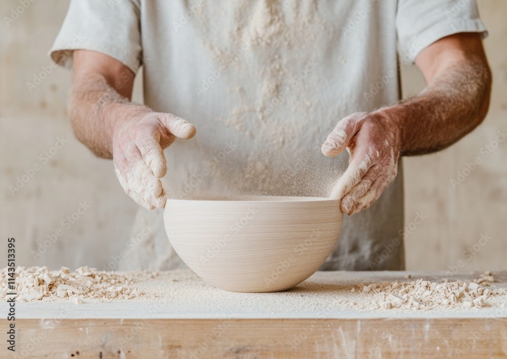 Fototapeta premium Focused Woodworker Sanding Smooth Wooden Bowl in Artisan Workshop