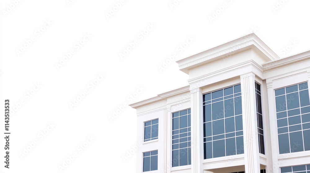 A modern building facade featuring large glass windows and classical architectural elements against a clear sky. A modern building facade featuring large glass windows and classical architectural elements against a clear sky.