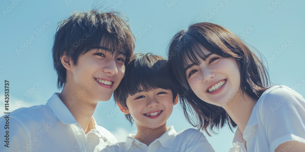 A young Asian couple with their son, smiling and looking at the camera, generative AI A young Asian couple with their son, smiling and looking at the camera, generative AI