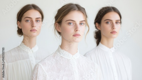 Three women in white blouses stand side by side, showcasing a serene and elegant aesthetic against a light background.