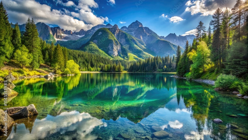 Fototapeta premium Breathtaking panoramic print: forest, lake, mountains. Stunning nature photography.