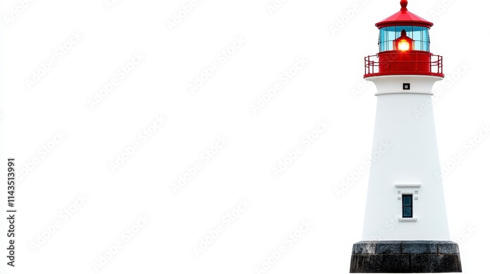 A tall, white lighthouse with a red top and light, standing against a plain background, symbolizing navigation and safety at sea. A tall, white lighthouse with a red top and light, standing against a plain background, symbolizing navigation and safety at sea.
