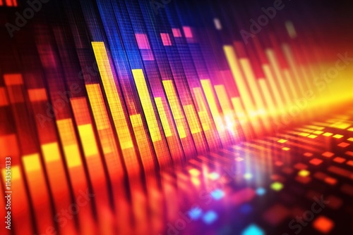 Vibrant Abstract Digital Sound Wave Visualization with Colorful Bars and Lights Representing Rhythm, Music, and Audio Frequencies in a Dynamic Spectrum Display