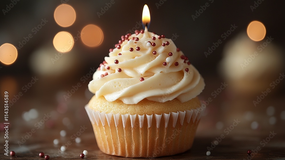 A Single Birthday Cupcake With A Lit Candle