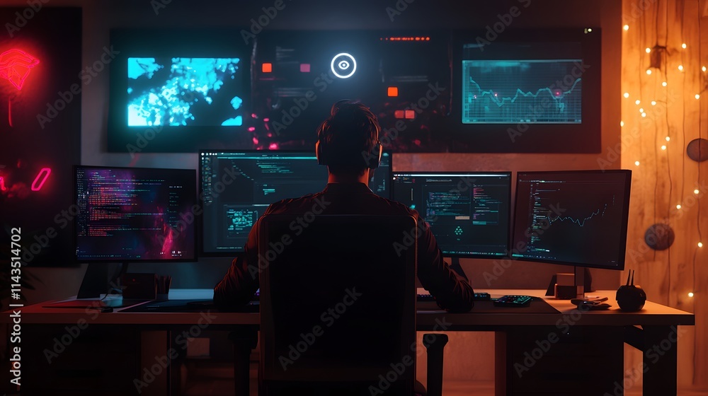 A cinematic-lit workspace with neon designs and holographic AI assistants A cinematic-lit workspace with neon designs and holographic AI assistants