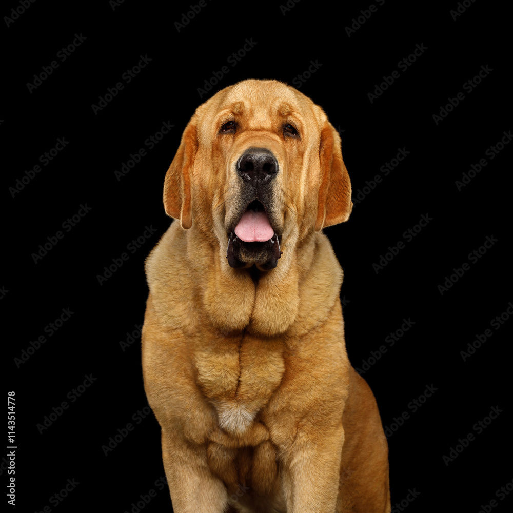 Stunning portrait of a golden Spanish mastiff dog isolated on black background, studio shot Stunning portrait of a golden Spanish mastiff dog isolated on black background, studio shot