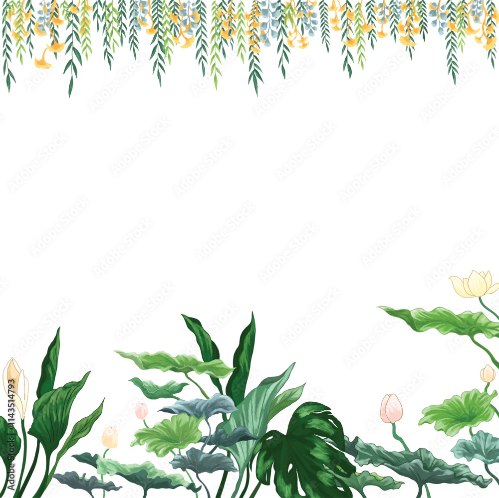 Obraz premium Tropical plant border and frame watercolor painting illustration
