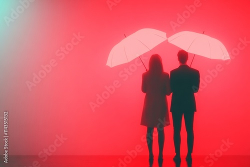 Silhouettes Under Umbrellas in Neon Light - Atmospheric Urban Noir photo