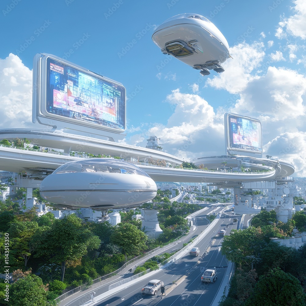 Fototapeta premium Futuristic urban landscape with flying vehicles and advanced technology