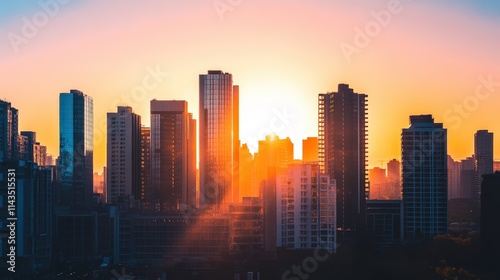 A stunning view of a city skyline illuminated by the warm glow of sunrise, casting vibrant orange and yellow hues across modern high-rise buildings. The calm atmosphere adds a serene yet dynamic