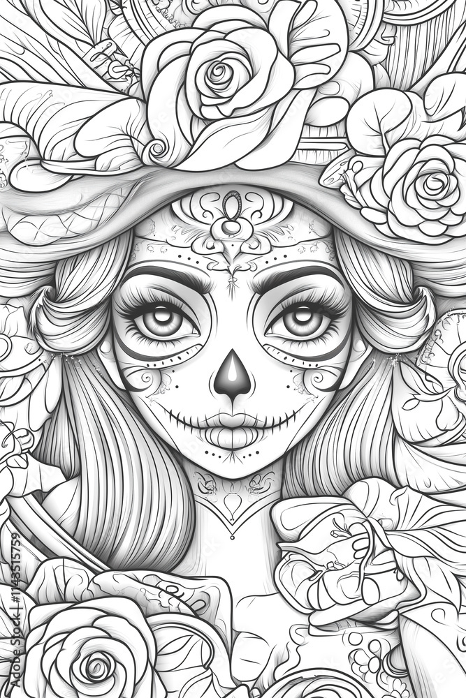 Fototapeta premium A woman with a skeleton on her face is surrounded by flowers. The flowers are in various sizes and are scattered throughout the image. Scene is eerie and mysterious