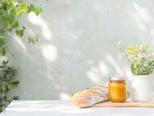 Charming Outdoor Dining Setup with Fresh Baguette and Jam in Sunlit Setting photo