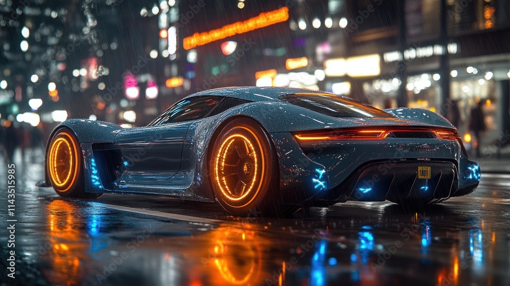 Sleek Sports Car in Rainy Urban Night with Neon Reflections Modern Luxury Automotive Design Sleek Sports Car in Rainy Urban Night with Neon Reflections Modern Luxury Automotive Design