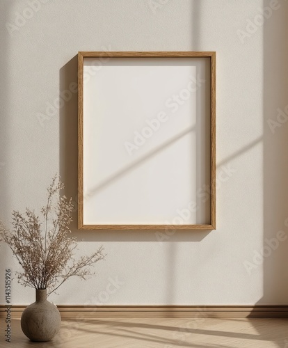 Minimalist Art Gallery Scene with Wooden Frame and Blank Canvas Natural Light