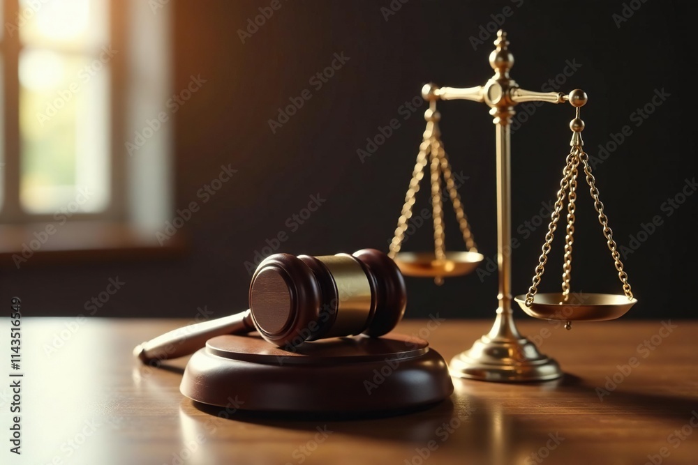 A wooden table features a pair of scales of justice balancing on either side with a gavel resting in the center, law, wooden desk, justice A wooden table features a pair of scales of justice balancing on either side with a gavel resting in the center, law, wooden desk, justice