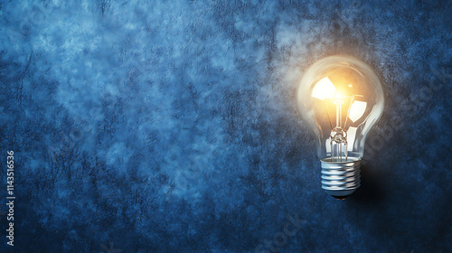 Glowing Light Bulb on a Textured Blue Wall Background - Generated AI