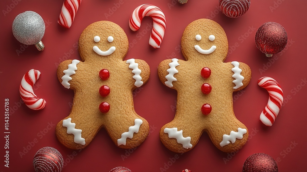 Two smiling gingerbread men with candy canes and ornaments Two smiling gingerbread men with candy canes and ornaments