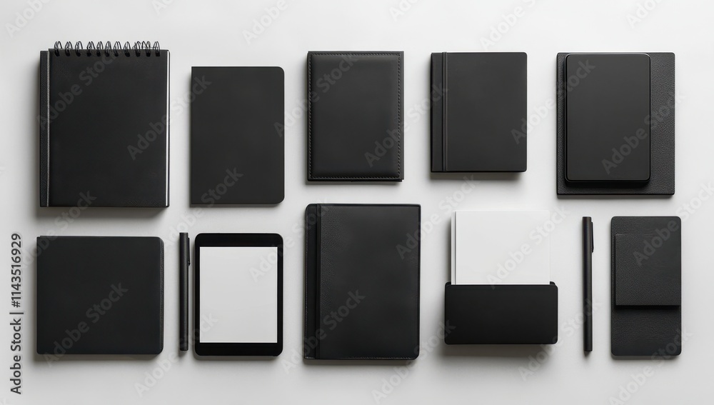 A Styled Composition of Black Notebooks, Journals, and Accessories Organized on a Light Background for Creative and Professional Use A Styled Composition of Black Notebooks, Journals, and Accessories Organized on a Light Background for Creative and Professional Use