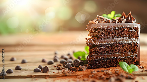 Rich Slice of Chocolate Cake on Wooden Table with Frosting

 photo