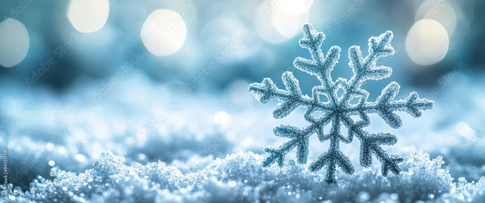 Beautiful Close-Up of a Frosted Snowflake on a Glimmering Winter Background with Soft Bokeh Lights Creating a Magical and Serene Atmosphere