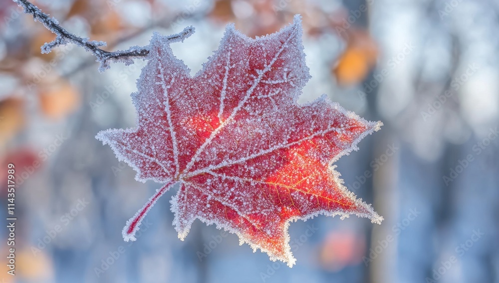 Beautiful Frost-Covered Red Maple Leaf Hanging on a Branch in a Winter Landscape with Soft Sunlight Illuminating the Scene Beautiful Frost-Covered Red Maple Leaf Hanging on a Branch in a Winter Landscape with Soft Sunlight Illuminating the Scene