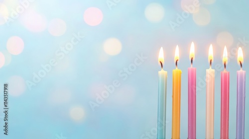 Vibrant Hanukkah Menorah with Lit Candles Against a Bokeh Background photo