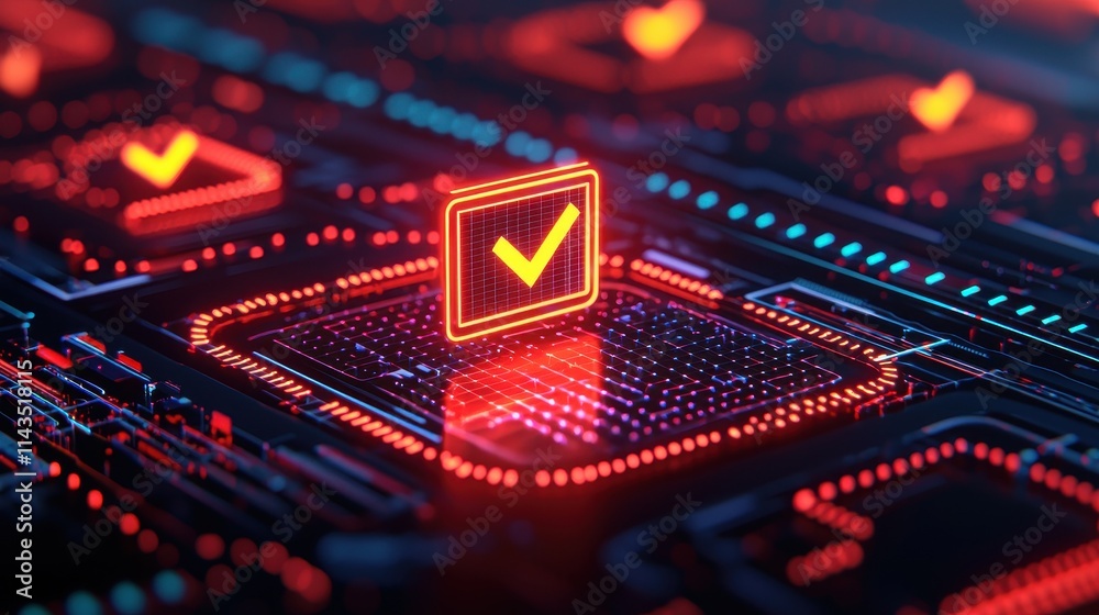 Obraz premium Digital Technology Checkmark Symbol on Circuit Board Background