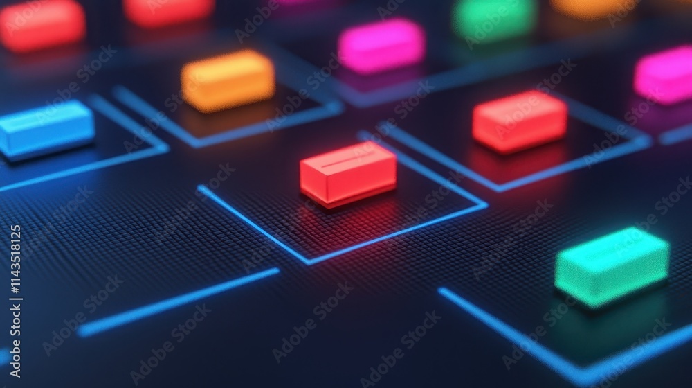 Colorful Neon Blocks on Dark Background Representing Digital Network Colorful Neon Blocks on Dark Background Representing Digital Network