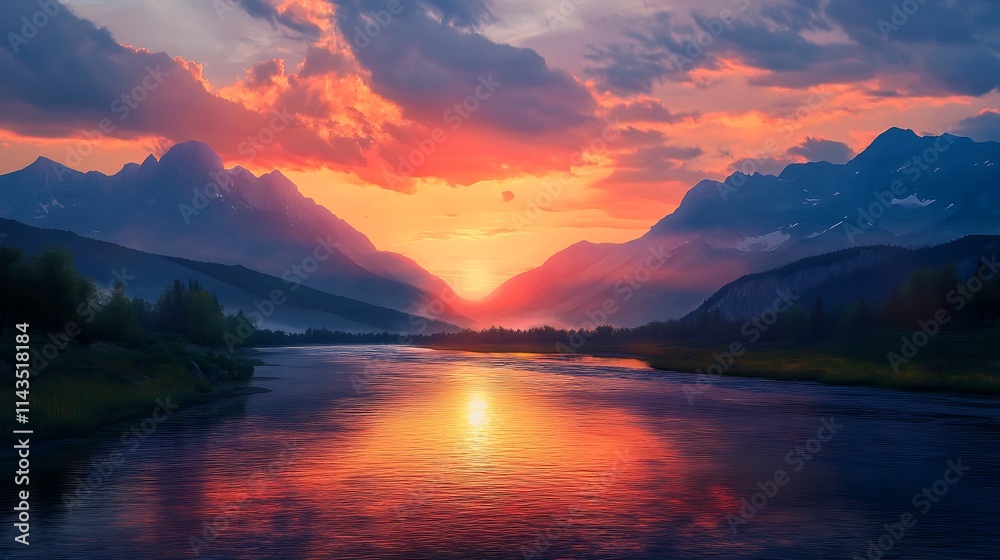 Majestic mountains reflect vividly on river at sunset fantasy-inspired digital painting. AI Generated Majestic mountains reflect vividly on river at sunset fantasy-inspired digital painting. AI Generated