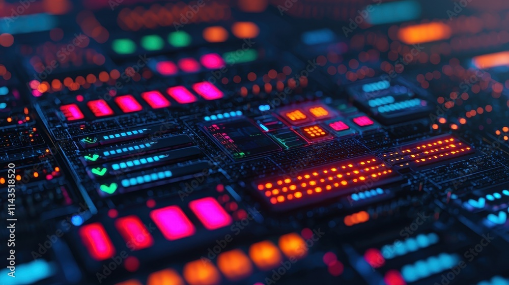 Abstract Technology Circuit Board with Colorful Neon Lights Abstract Technology Circuit Board with Colorful Neon Lights